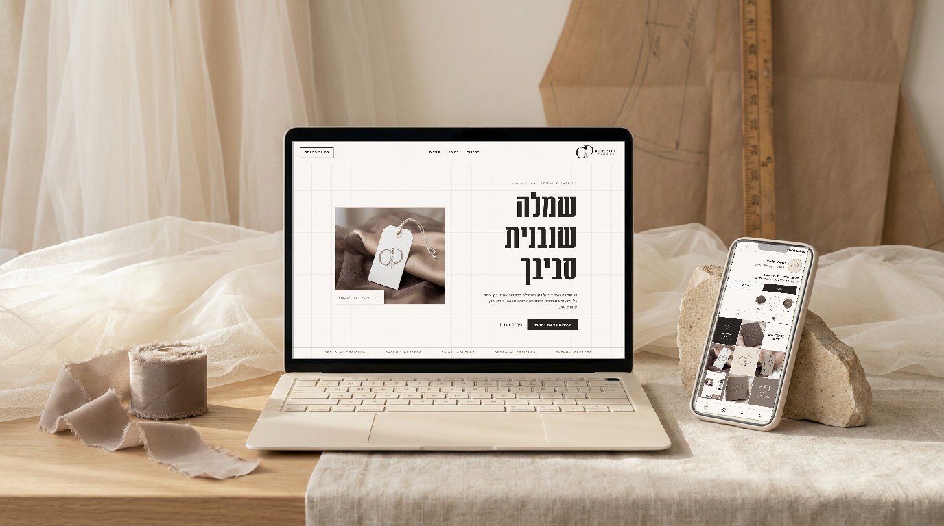 שולחן אטלייה עם מחשב נייד וטלפון גנריים, ובתוכם צילומי המסך האמיתיים של דף הבית והפיד