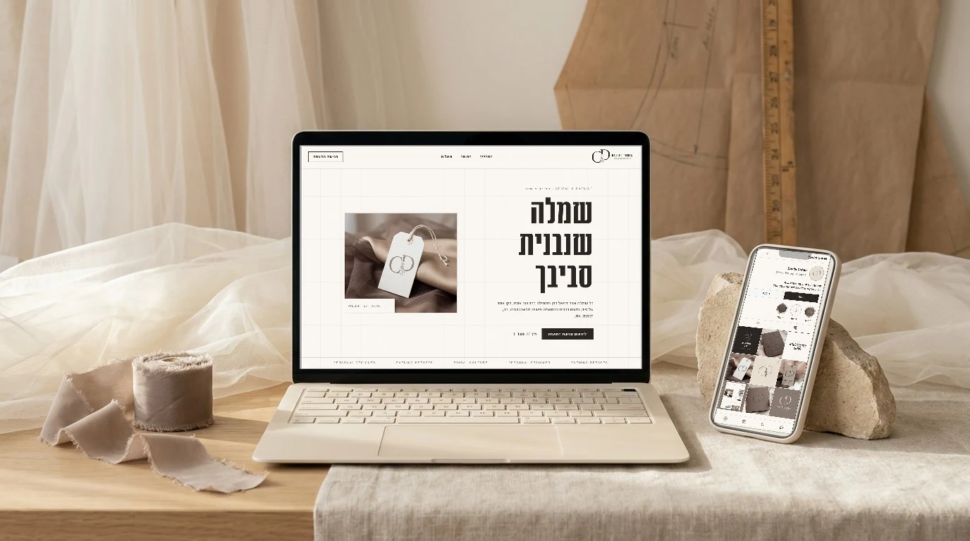 שולחן אטלייה עם מחשב נייד וטלפון גנריים, ובתוכם צילומי המסך האמיתיים של דף הבית והפיד